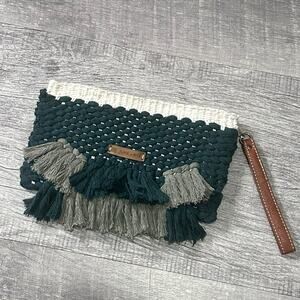 June + Rya Handwoven Boho Small Clutch Bag W/ Hand Strap Zippered Green Cotton